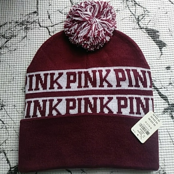 NWT VS Pink Pom Pom Maroon Beanie - Picture 2 of 5